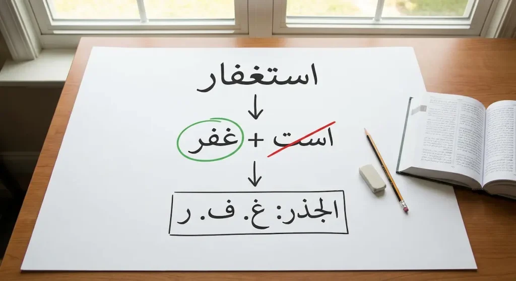 رسم توضيحي يُظهر خطوات تجريد كلمة استغفار إلى جذرها الأصلي غ ف ر للبحث عنها في المعجم العربي