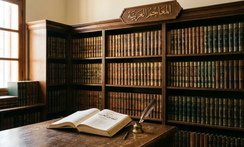 مكتبة تراثية عربية تحتوي رفوفاً خشبية مليئة بمجلدات المعاجم العربية القديمة مع معجم مفتوح على طاولة خشبية وأدوات كتابة تقليدية