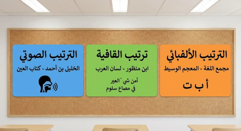 ثلاث بطاقات تعليمية تُوضح مدارس الترتيب المعجمي الثلاث: الصوتي والقافية والألفبائي مع أمثلة على كل منها