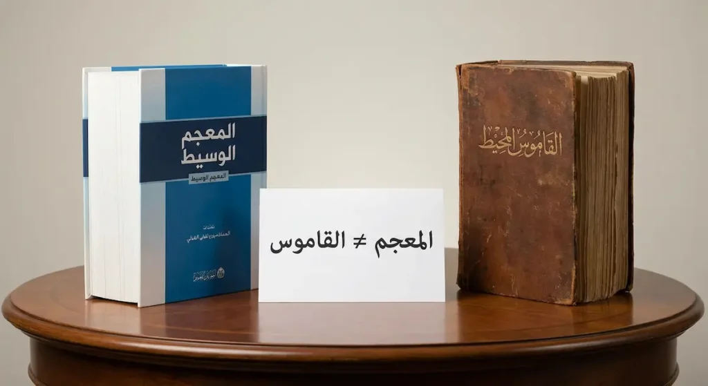 مقارنة بين القاموس المحيط التراثي والمعجم الوسيط الحديث على طاولة خشبية مع ورقة توضح أن المعجم يختلف عن القاموس