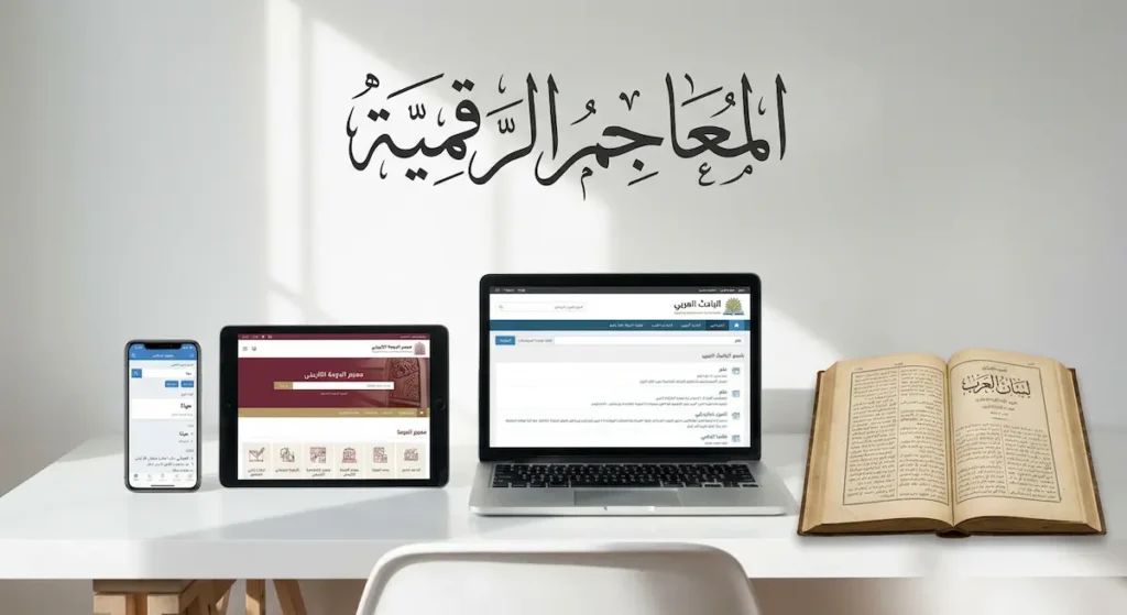 أجهزة إلكترونية متعددة تعرض تطبيقات ومواقع المعاجم العربية الرقمية بجانب معجم ورقي تقليدي