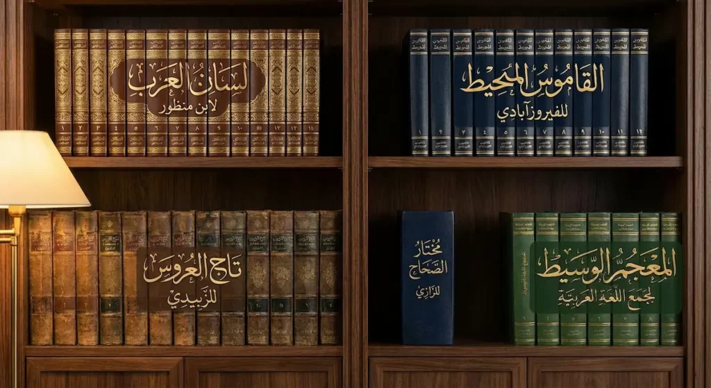 رف مكتبة يضم أشهر المعاجم العربية: لسان العرب والقاموس المحيط والمعجم الوسيط ومختار الصحاح وتاج العروس