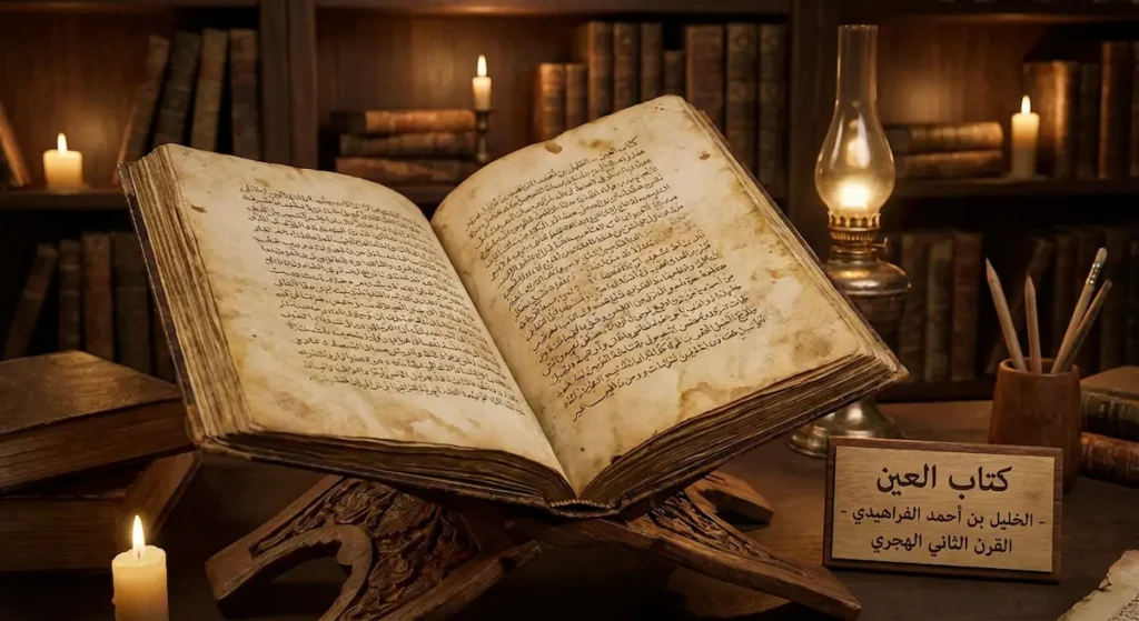مخطوطة قديمة مفتوحة من كتاب العين للخليل بن أحمد الفراهيدي موضوعة على حامل خشبي تراثي مع لوحة تعريفية