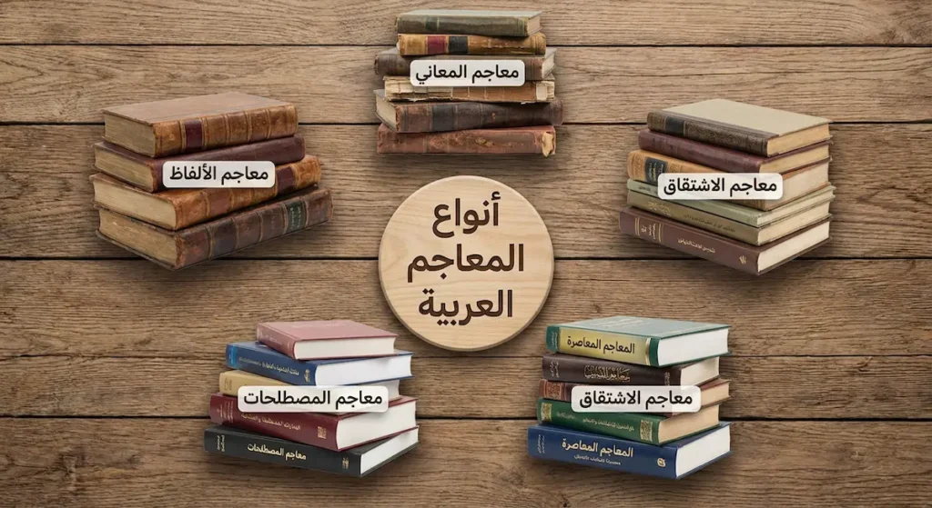 خمس مجموعات من المعاجم العربية مرتبة في دائرة تُمثل الأنواع الخمسة: معاجم الألفاظ ومعاجم المعاني ومعاجم الاشتقاق ومعاجم المصطلحات والمعاجم المعاصرة