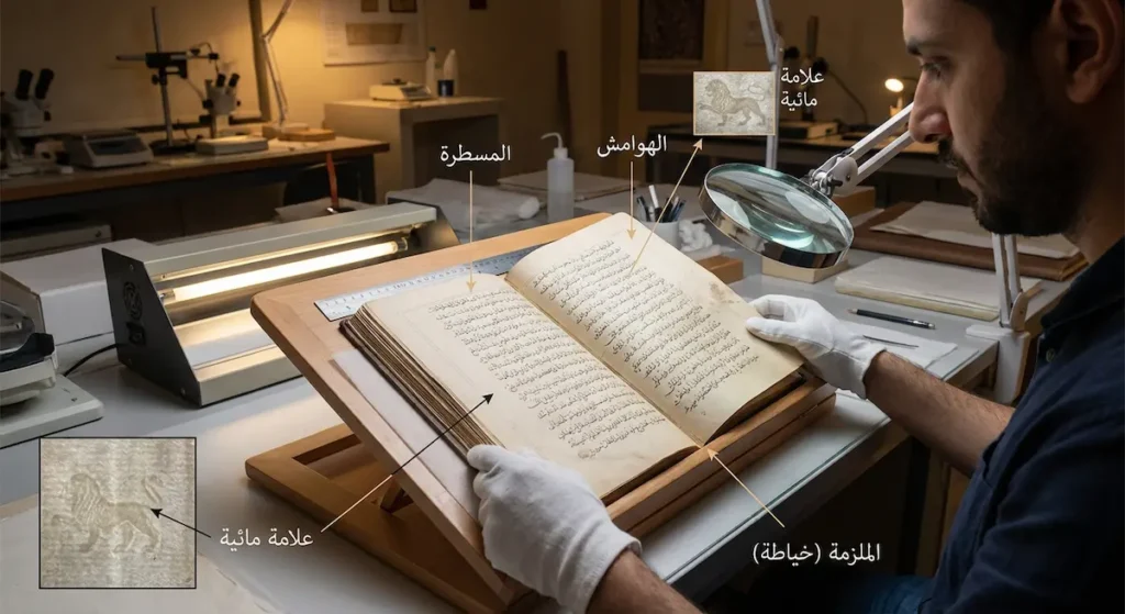 باحث يرتدي قفازات يفحص مخطوطة بأدوات قياس وعدسة وإضاءة جانبية مع أسهم توضيحية للعناصر المادية.