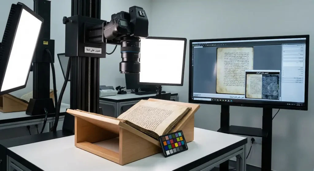كاميرا مثبتة للتصوير العلوي فوق مخطوطة على حامل V مع إضاءة LED وشاشة تعرض النسخة الرقمية وحقول البيانات.