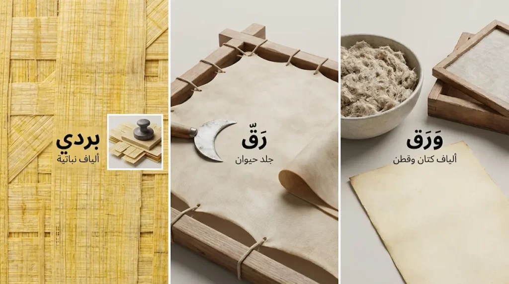 ثلاث لوحات تعرض ملمس البردي والرقّ والورق مع خطوات تحضير مبسطة لكل مادة.