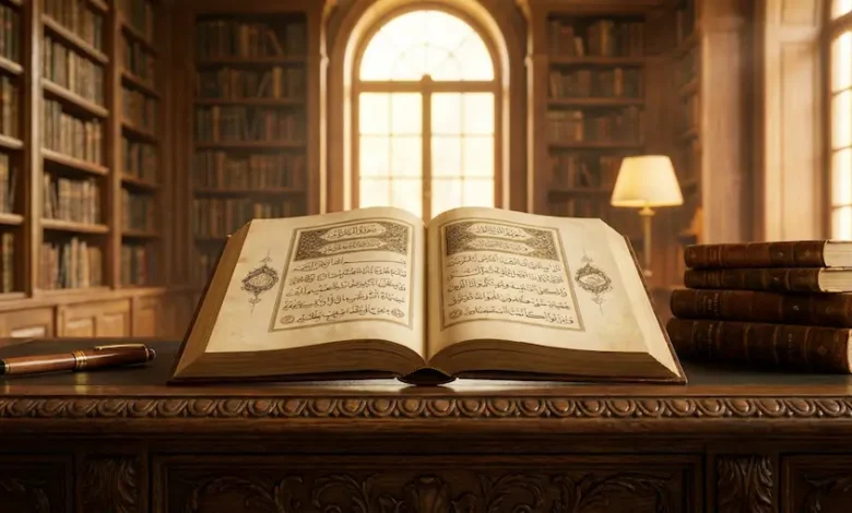 مكتب كلاسيكي يضم مخطوطات لغوية ومراجع تاريخية، يمثل مقر هيئة التحرير والإشراف العلمي في موقع باحثو اللغة العربية