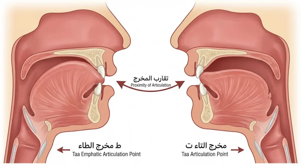 رسم تشريحي للفم يوضح مخرج حرفي التاء والطاء من طرف اللسان مع أصول الثنايا العليا