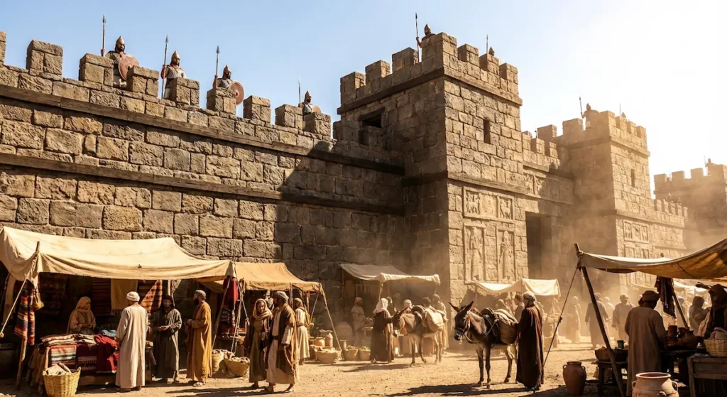 تحصينات مملكة آرام دمشق القديمة وجنود آراميون يحرسون الأسوار مع سوق تجاري نشط يعكس الازدهار الاقتصادي.