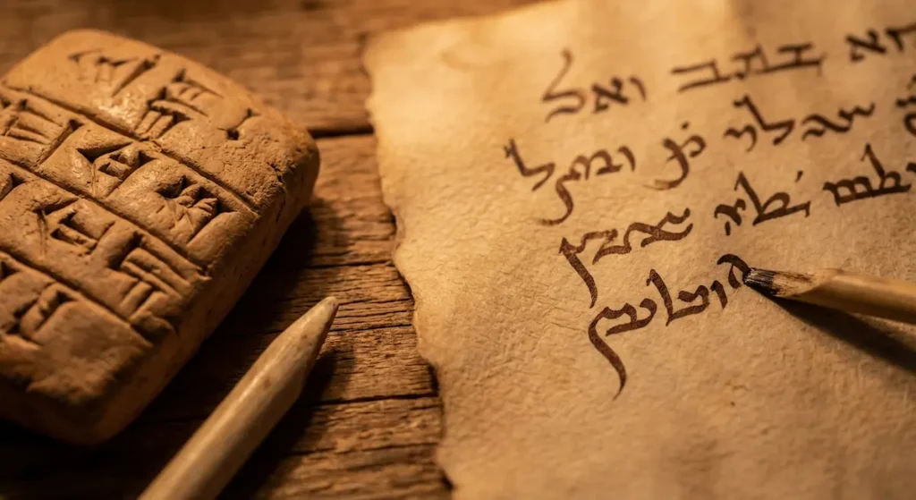 مقارنة بصرية بين صعوبة الكتابة المسمارية على الطين وسهولة الأبجدية الآرامية بالحبر على الجلود