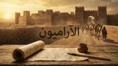 تصميم فني واقعي يظهر مخطوطة آرامية قديمة مع ريشة وقلم حبر، وفي الخلفية مدينة دمشق القديمة وقوافل تجارية، مع عنوان "الآراميون".