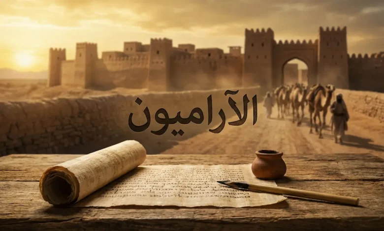 تصميم فني واقعي يظهر مخطوطة آرامية قديمة مع ريشة وقلم حبر، وفي الخلفية مدينة دمشق القديمة وقوافل تجارية، مع عنوان "الآراميون".