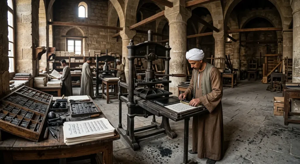 داخل مطبعة بولاق التاريخية يظهر عامل مصري يرتب حروفاً عربية معدنية في آلة طباعة يدوية قديمة مع أوراق مطبوعة حديثاً على طاولة مجاورة