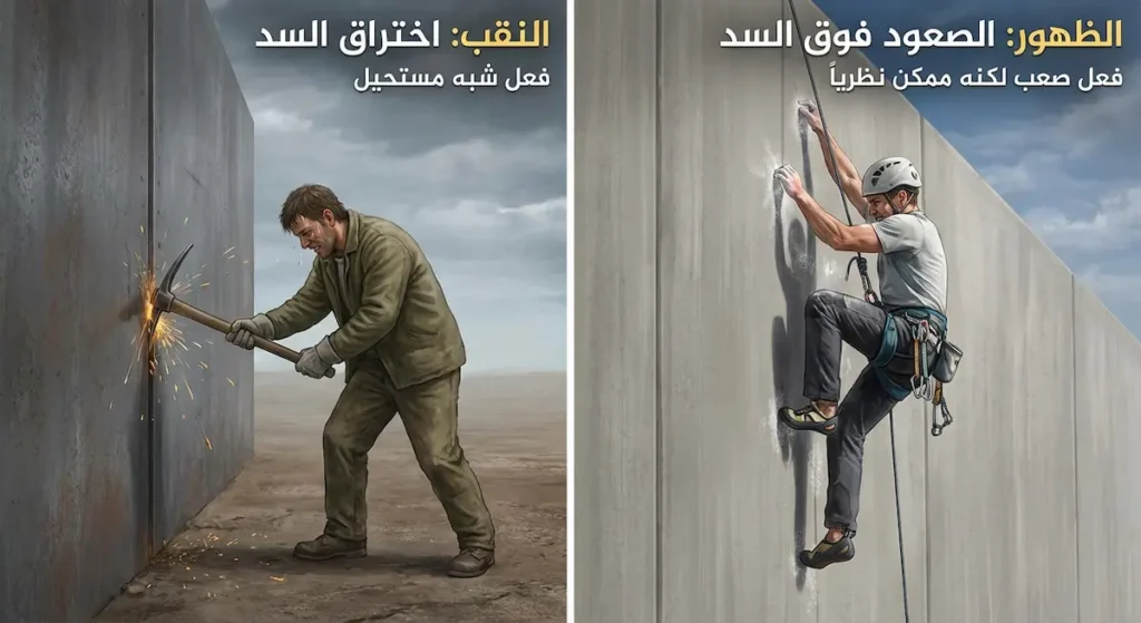 رسم توضيحي يقارن بين صعوبة تسلق السد وصعوبة نقبه واختراقه