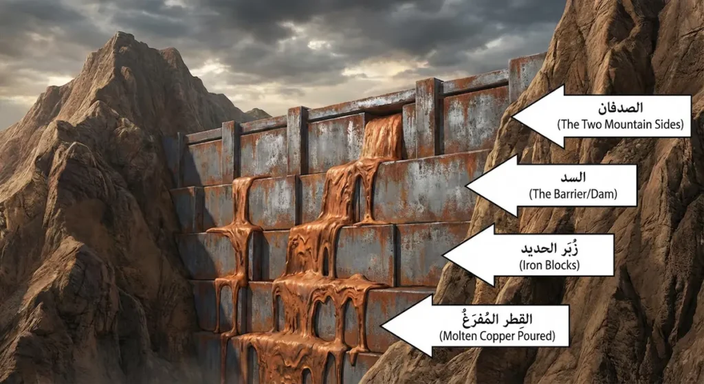 رسم توضيحي يُظهر سد ذي القرنين العظيم المبني بين جبلين من طبقات الحديد والنحاس المذاب