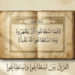 صورة غلاف تُظهر مخطوطة قرآنية مفتوحة على آية من سورة الكهف تتضمن كلمتي اسطاعوا واستطاعوا مع الكلمة المفتاحية للمقال