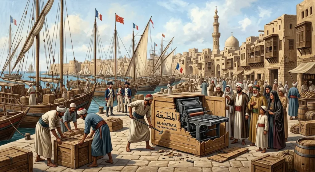 مشهد تاريخي واقعي يُظهر ميناء الإسكندرية أواخر القرن الثامن عشر مع إنزال صناديق تحتوي آلة مطبعة من سفينة شراعية بينما يراقب مصريون بملابس تقليدية بدهشة