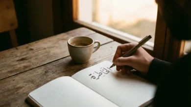 يد تكتب كلمة الخاطرة بقلم على دفتر مفتوح فوق طاولة خشبية بجانب فنجان قهوة في إضاءة دافئة