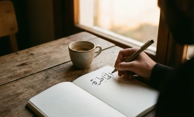 يد تكتب كلمة الخاطرة بقلم على دفتر مفتوح فوق طاولة خشبية بجانب فنجان قهوة في إضاءة دافئة