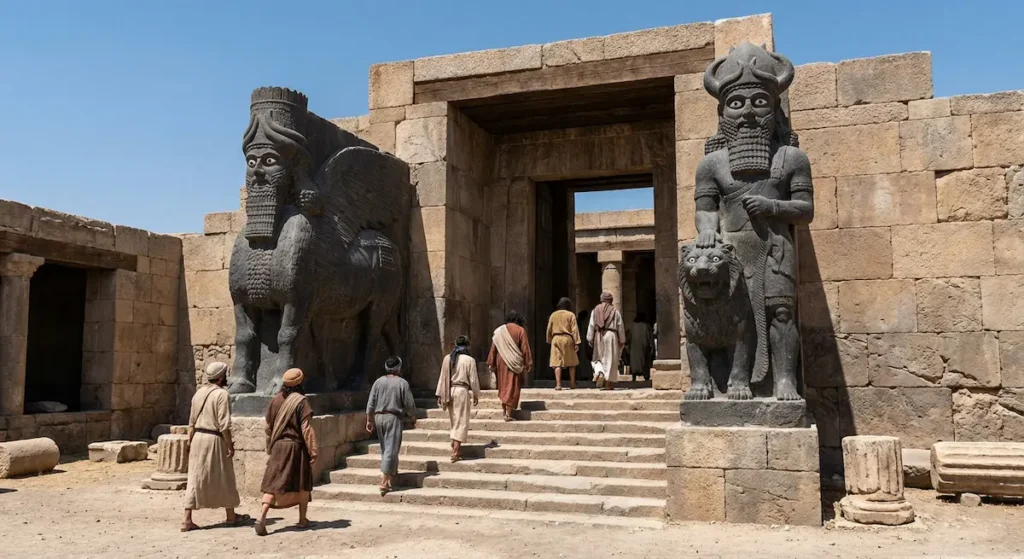 إعادة بناء رقمية لواجهة قصر الملك كابارا في تل حلف تظهر التماثيل البازلتية الضخمة والفن الآرامي المميز.