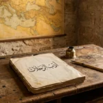 مكتب خشبي قديم عليه مخطوطة عربية مفتوحة ومحبرة نحاسية وقلم قصب مع خريطة قديمة معلقة على الجدار وعبارة أدب الرحلات بالخط العربي