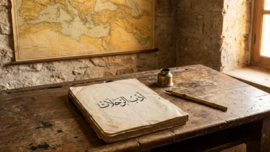 مكتب خشبي قديم عليه مخطوطة عربية مفتوحة ومحبرة نحاسية وقلم قصب مع خريطة قديمة معلقة على الجدار وعبارة أدب الرحلات بالخط العربي