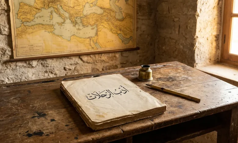 مكتب خشبي قديم عليه مخطوطة عربية مفتوحة ومحبرة نحاسية وقلم قصب مع خريطة قديمة معلقة على الجدار وعبارة أدب الرحلات بالخط العربي