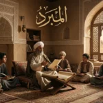 غلاف مقالة المبرد يُظهر مجلساً علمياً في بغداد العباسية مع عالِم عربي يُدرّس النحو لطلابه وتظهر كلمة المبرد بخط عربي واضح