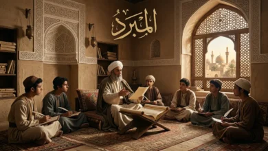 غلاف مقالة المبرد يُظهر مجلساً علمياً في بغداد العباسية مع عالِم عربي يُدرّس النحو لطلابه وتظهر كلمة المبرد بخط عربي واضح