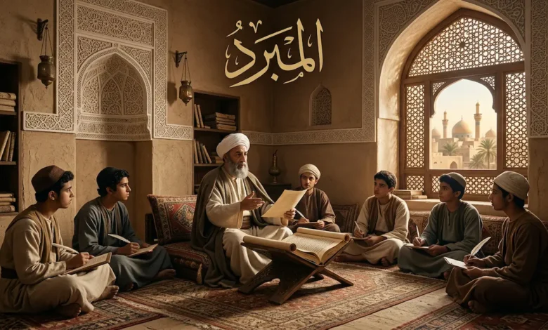 غلاف مقالة المبرد يُظهر مجلساً علمياً في بغداد العباسية مع عالِم عربي يُدرّس النحو لطلابه وتظهر كلمة المبرد بخط عربي واضح