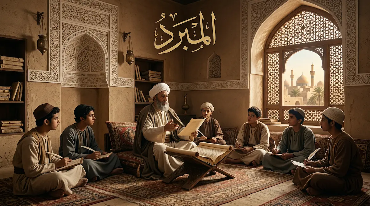 غلاف مقالة المبرد يُظهر مجلساً علمياً في بغداد العباسية مع عالِم عربي يُدرّس النحو لطلابه وتظهر كلمة المبرد بخط عربي واضح