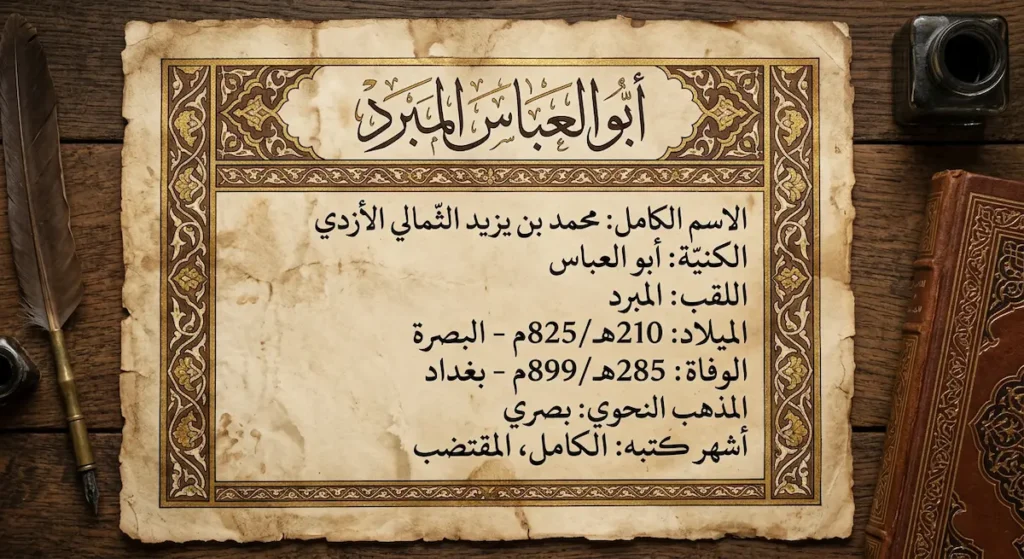 بطاقة تعريفية للمبرد تتضمن اسمه الكامل وكنيته ولقبه وتاريخ ميلاده ووفاته ومذهبه النحوي وأشهر كتبه