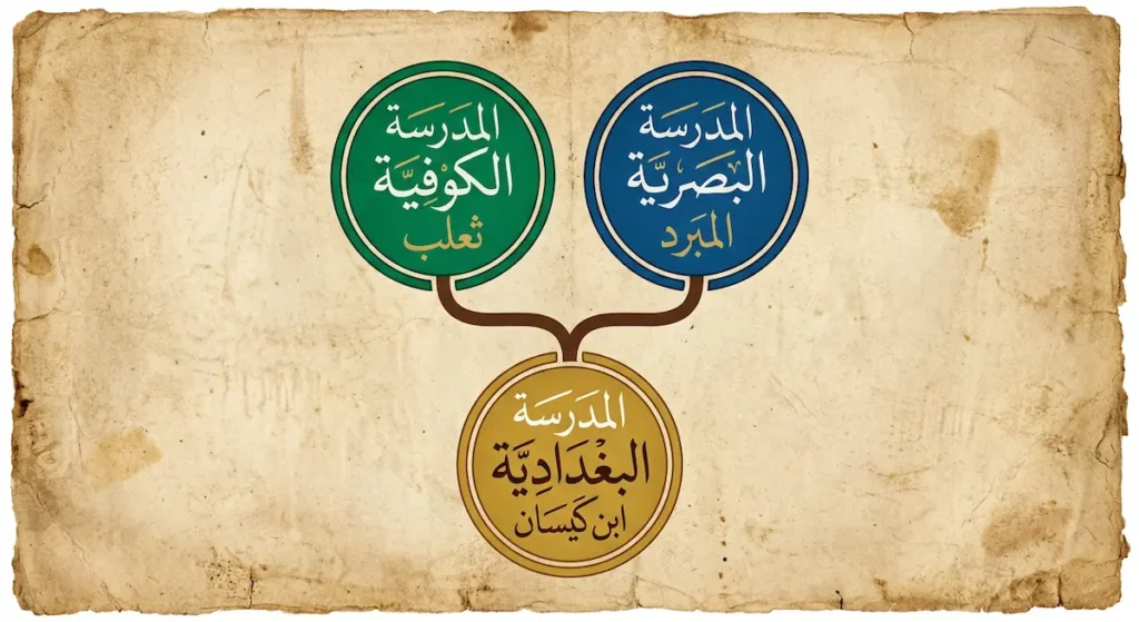 مخطط يوضّح نشأة المدرسة البغدادية من التقاء المدرسة البصرية بزعامة المبرد والكوفية بزعامة ثعلب