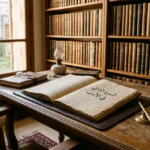 مكتب كاتب تقليدي يرمز إلى فضاء الكتابة الذاتية حيث تتحول التجارب الشخصية إلى نصوص أدبية خالدة