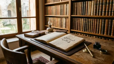 مكتب كاتب تقليدي يرمز إلى فضاء الكتابة الذاتية حيث تتحول التجارب الشخصية إلى نصوص أدبية خالدة