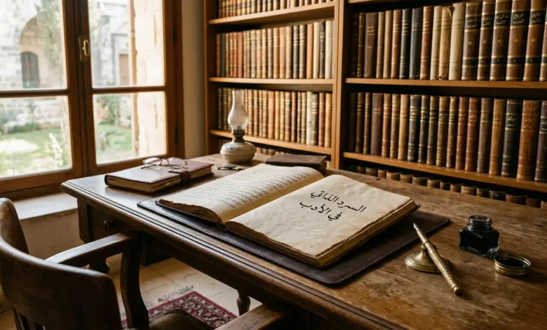 مكتب كاتب تقليدي يرمز إلى فضاء الكتابة الذاتية حيث تتحول التجارب الشخصية إلى نصوص أدبية خالدة