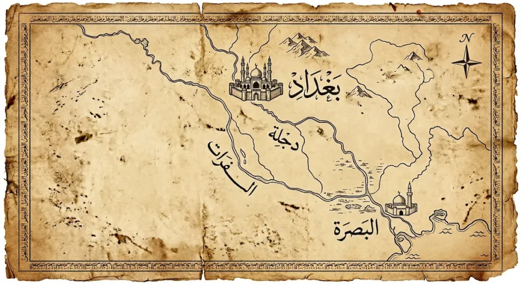 خريطة تاريخية للعراق تُظهر البصرة مسقط رأس المبرد وبغداد حيث استقر ونهري دجلة والفرات