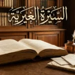 غلاف مقالة السيرة الغيرية يظهر مكتب كاتب كلاسيكي مع كتاب مفتوح وأدوات كتابة تقليدية