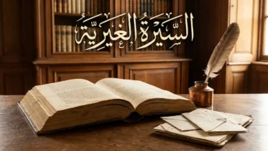 غلاف مقالة السيرة الغيرية يظهر مكتب كاتب كلاسيكي مع كتاب مفتوح وأدوات كتابة تقليدية