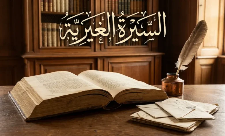 غلاف مقالة السيرة الغيرية يظهر مكتب كاتب كلاسيكي مع كتاب مفتوح وأدوات كتابة تقليدية