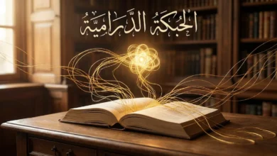 غلاف مقالة الحبكة الدرامية يظهر كتاباً مفتوحاً تخرج منه خيوط ذهبية متشابكة ترمز إلى بنية القصة