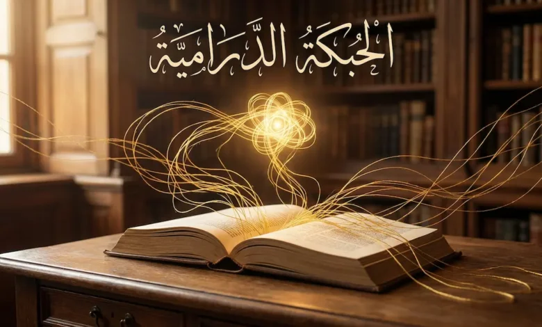 غلاف مقالة الحبكة الدرامية يظهر كتاباً مفتوحاً تخرج منه خيوط ذهبية متشابكة ترمز إلى بنية القصة