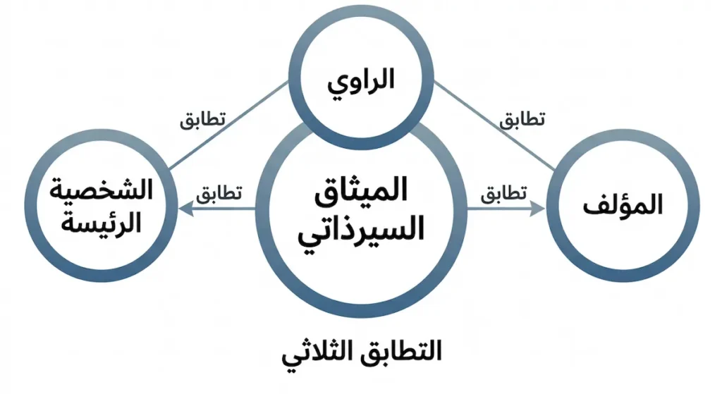  مخطط توضيحي يشرح نظرية الميثاق السيرذاتي والتطابق الثلاثي بين المؤلف والراوي والشخصية الرئيسة