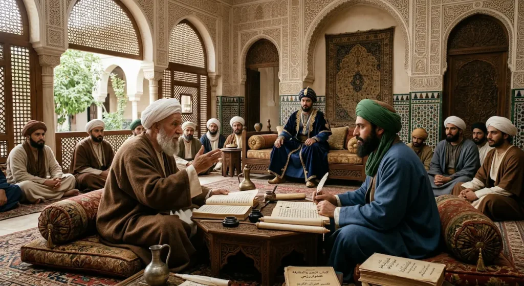 مشهد مناظرة علمية بين عالِمين عربيين في مجلس أمير عباسي يمثّل المناظرات بين المبرد وثعلب