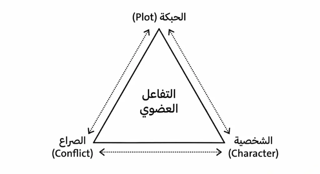 رسم تخطيطي مثلث يوضّح العلاقة التكاملية بين الحبكة والشخصية والصراع في السرد