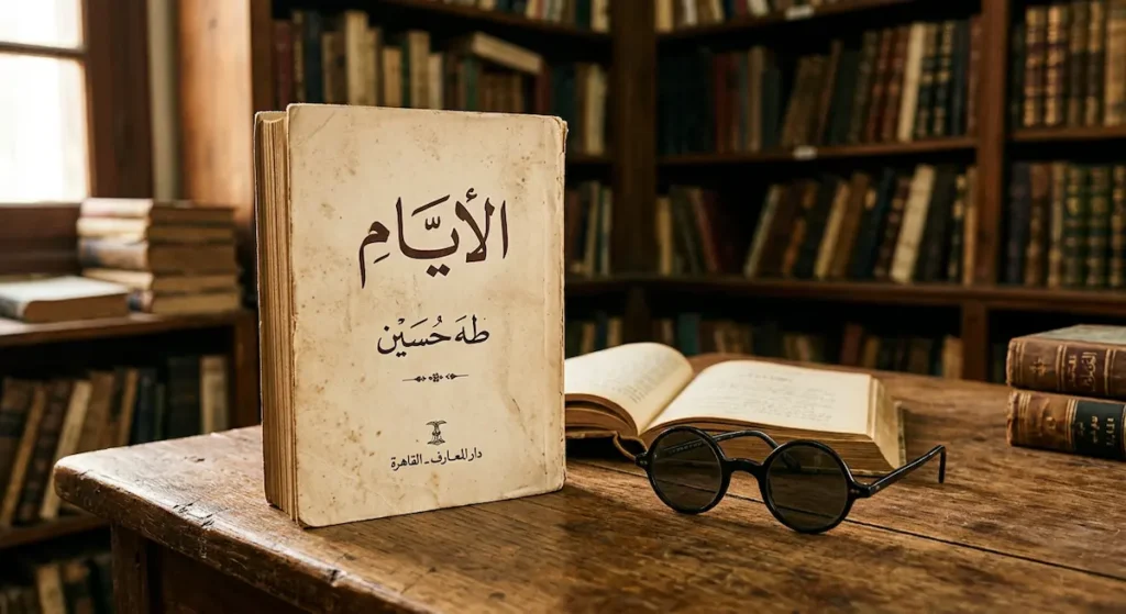 طبعة قديمة من كتاب الأيام لطه حسين مع نظارة سوداء ترمز لعمى المؤلف