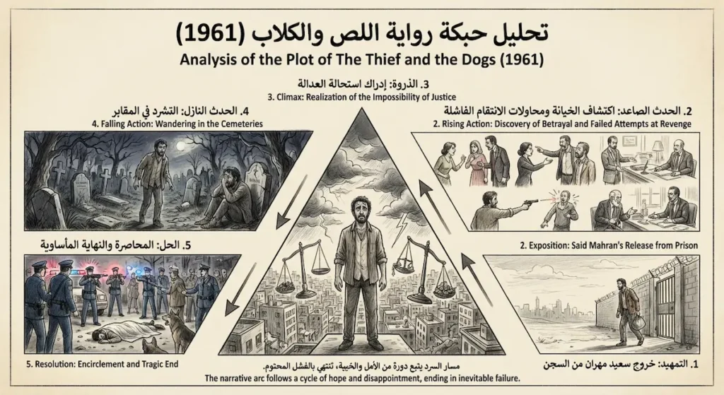 رسم تخطيطي يطبّق هرم فريتاج على رواية اللص والكلاب لنجيب محفوظ مع شرح كل مرحلة