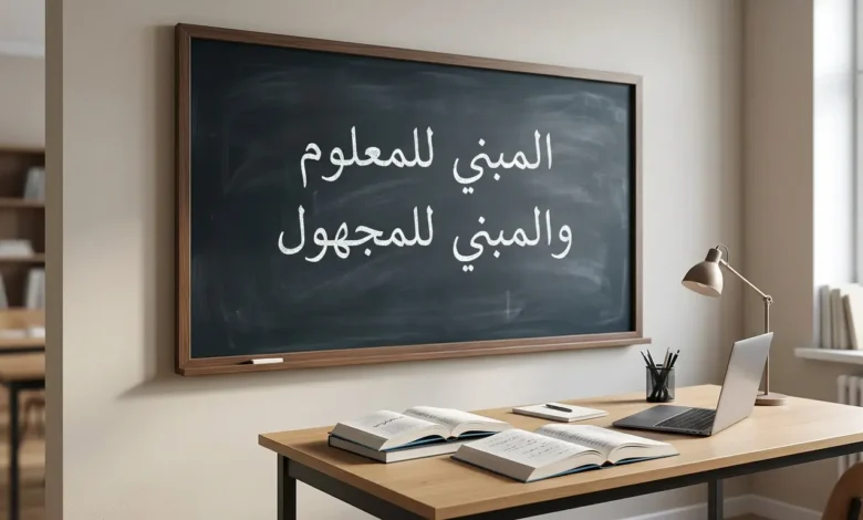 صورة تعليمية واقعية توضح قاعدة المبني للمعلوم والمبني للمجهول في النحو العربي