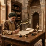 عالم نحوي من العصر العباسي يكتب في مخطوطة وتظهر كلمة الأخفش بخط الثلث.